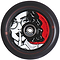 The Lucky Lunar 110mm Stunt Scooter Wheel - Chris Farris Signature by Lucky displays an eye-catching design featuring a person with glasses and finger to lips against a bold red and black background. Equipped with Lucky Rebound Technology, it's ideal for creating sleek scooter builds.