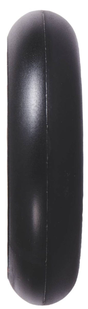 A vertical side view showcases the sleek Lucky Lunar 110mm Stunt Scooter Wheel - Chris Farris Signature, in black with a smooth, rounded surface featuring the Lucky Rebound Technology. The wheel is perfect for scooter builds and has no visible tread pattern, set against a white background.