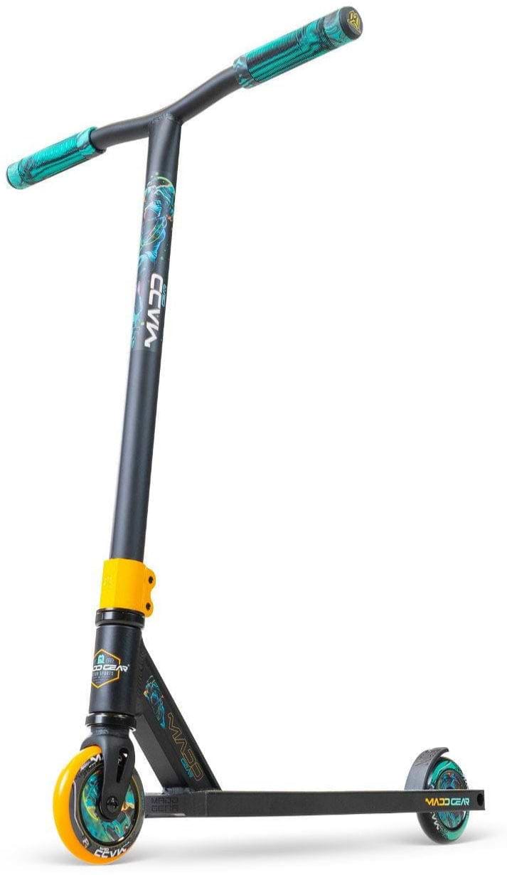 The Madd Gear MG 2 Obsidian Complete Stunt Scooter - DJ Rilla by MGP features teal and yellow accents, teal grips, a yellow front wheel, a teal rear wheel, and high-speed ABEC-5 chrome bearings, shown upright on a white background.