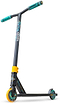 The Madd Gear MG 2 Obsidian Complete Stunt Scooter - DJ Rilla by MGP features teal and yellow accents, teal grips, a yellow front wheel, a teal rear wheel, and high-speed ABEC-5 chrome bearings, shown upright on a white background.