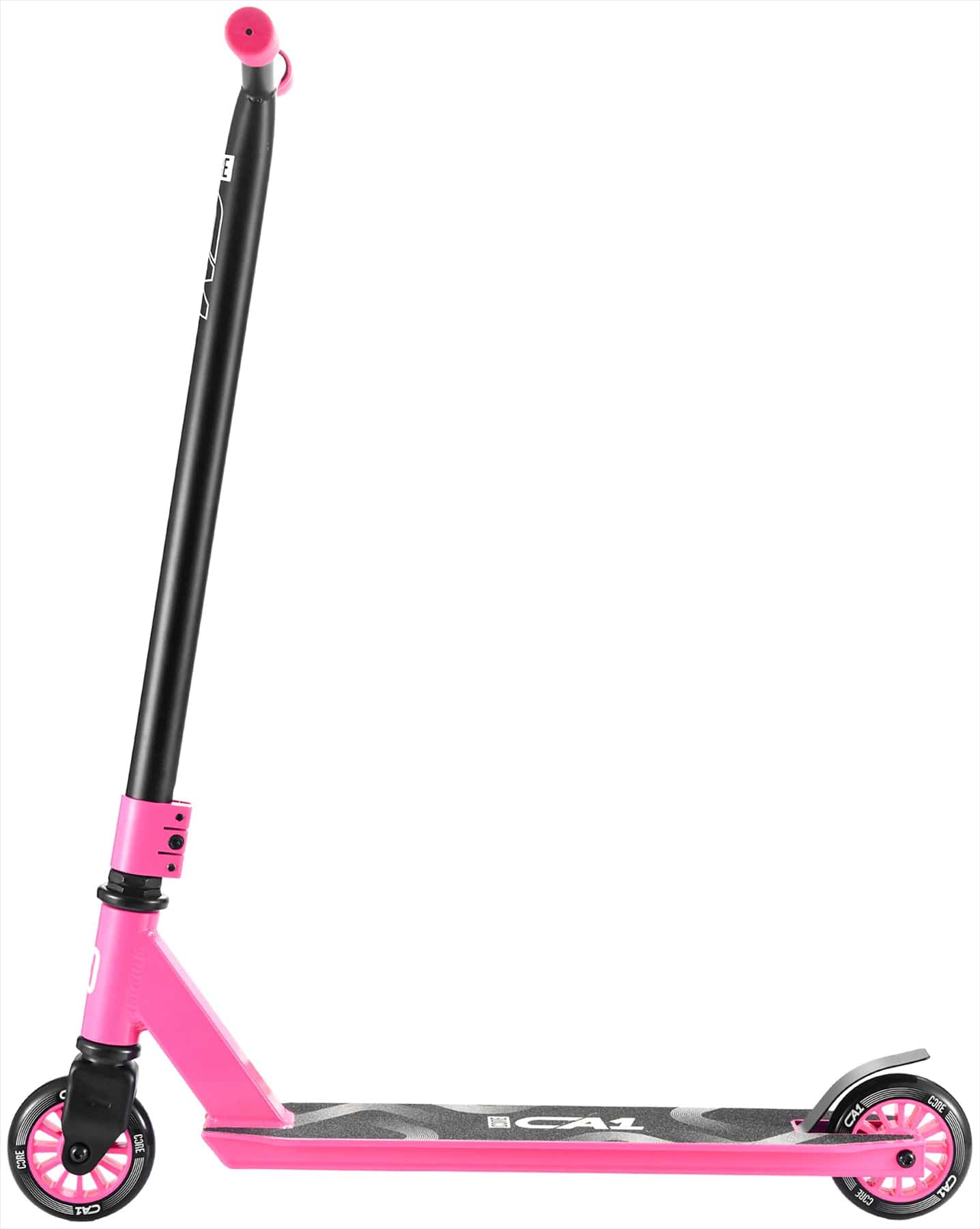The CORE CA1 Beginner Complete Stunt Scooter by CORE is shown in pink and black with a black handlebar, pink wheels, and a black grip deck in side profile against a white background.