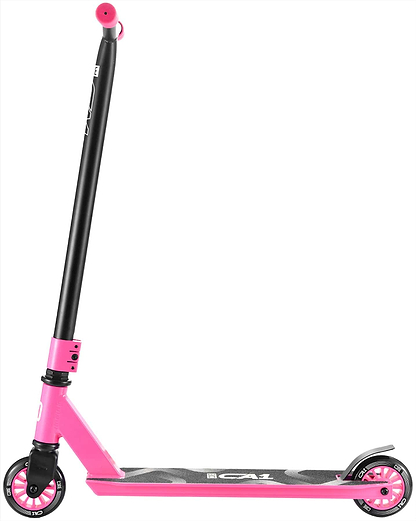 The CORE CA1 Beginner Complete Stunt Scooter by CORE is shown in pink and black with a black handlebar, pink wheels, and a black grip deck in side profile against a white background.