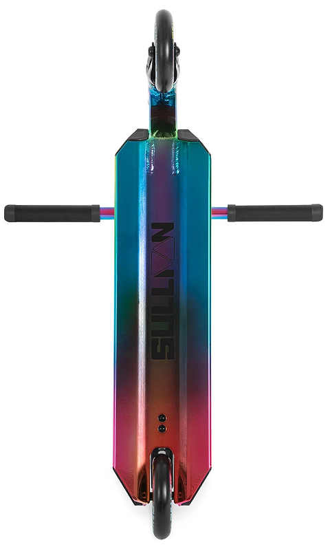 Top-down view of the Sullivan Antic V2 Complete Stunt Scooter - Oil Slick Neochrome, showing black grips extended outward, two wheels, and "SULLIVAN" branding on the colorful, oil slick-finished deck.