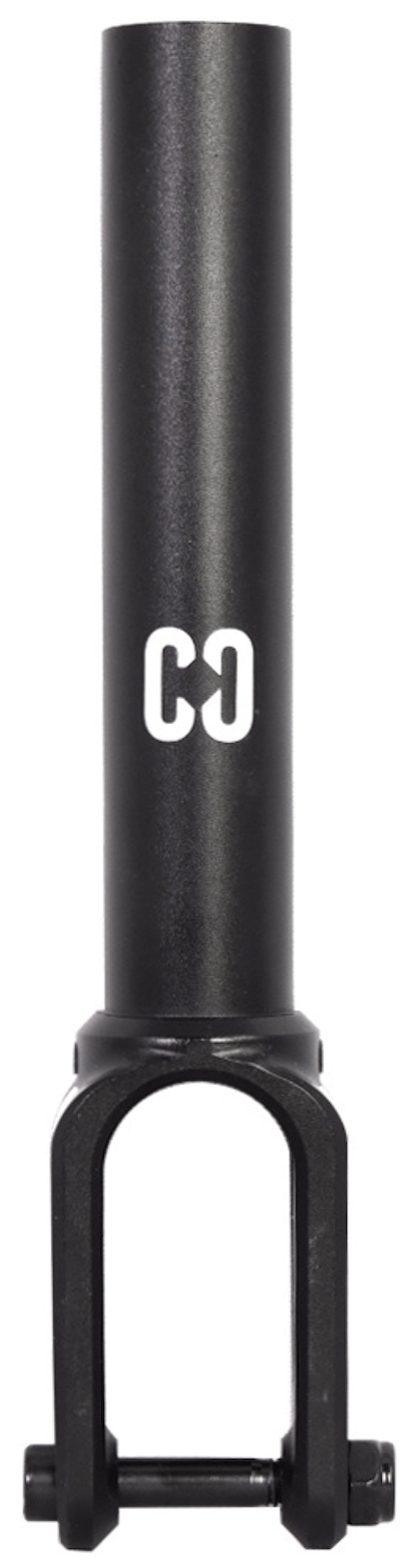 The CORE Aura SCS/HIC Stunt Scooter Forks - Black by CORE is a durable 7075 aluminium fork, featuring a sleek black finish and white logo—an ideal upgrade for connecting your scooter’s front wheel to the frame.