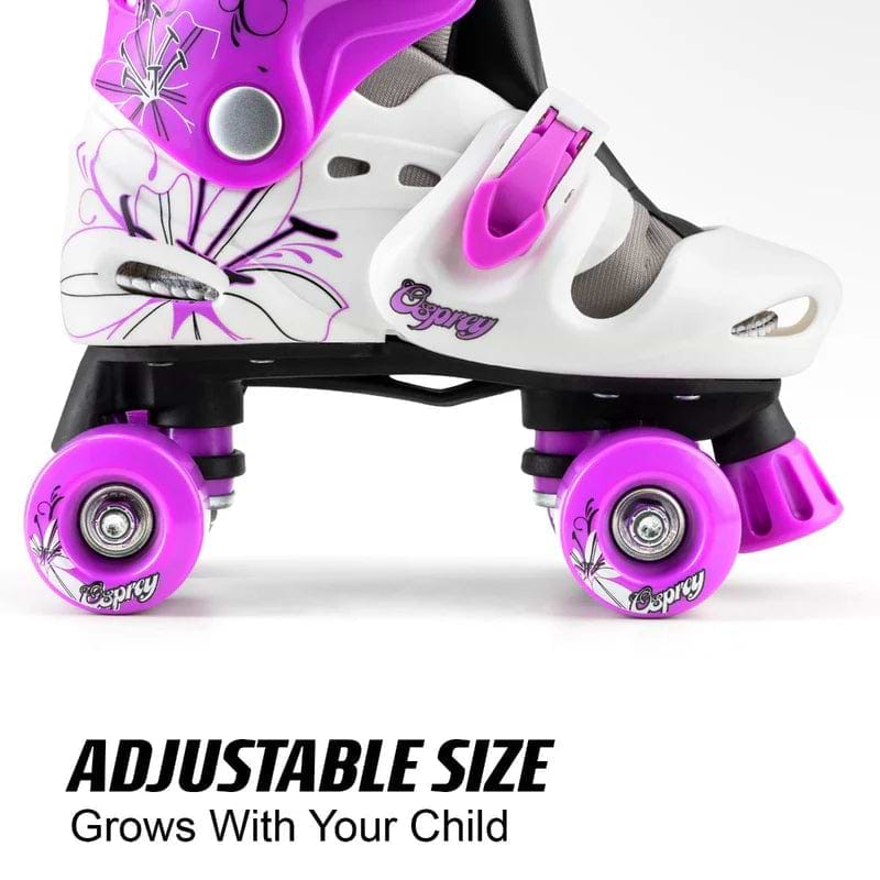 Close-up of Osprey Flower Adjustable Quad Roller Skates in purple, featuring pink wheels and floral designs. Text below: "Adjustable Size – Grows With Your Child." Perfect from Osprey for kids who love to roll in style.