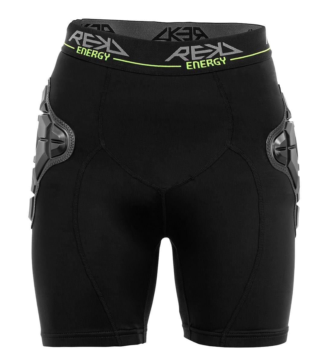 REKD Energy Pro Impact Skate Protection Shorts in black provide multi-sport cushioning with REKD Energy Foam, padded hips and thighs, and a "REXX ENERGY" branded waistband in white and yellow.