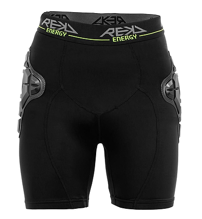 REKD Energy Pro Impact Skate Protection Shorts in black provide multi-sport cushioning with REKD Energy Foam, padded hips and thighs, and a "REXX ENERGY" branded waistband in white and yellow.