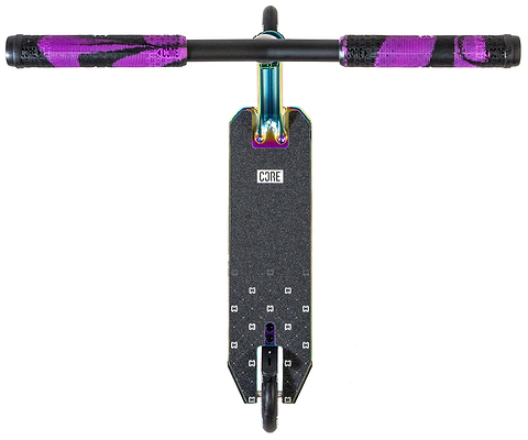 Top-down view of the CORE CG1 Complete Stunt Scooter by CORE in Neochrome/Black, featuring purple and black handlebar grips, a textured black "CORE" deck, and a visible front wheel.