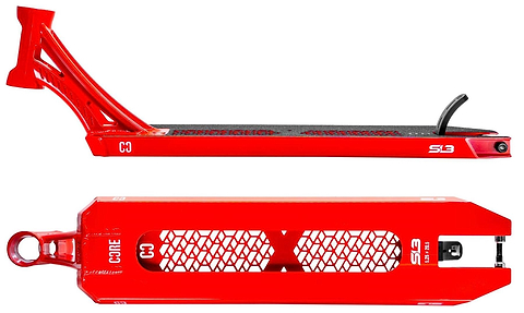 The CORE SL3 Forged Candy Red Stunt Scooter Deck (5.25" x 19.3"/20.5") features side and bottom views with a honeycomb cutout, black grip tape, rear black brake, and white "CORE SL3" branding for a premium look.