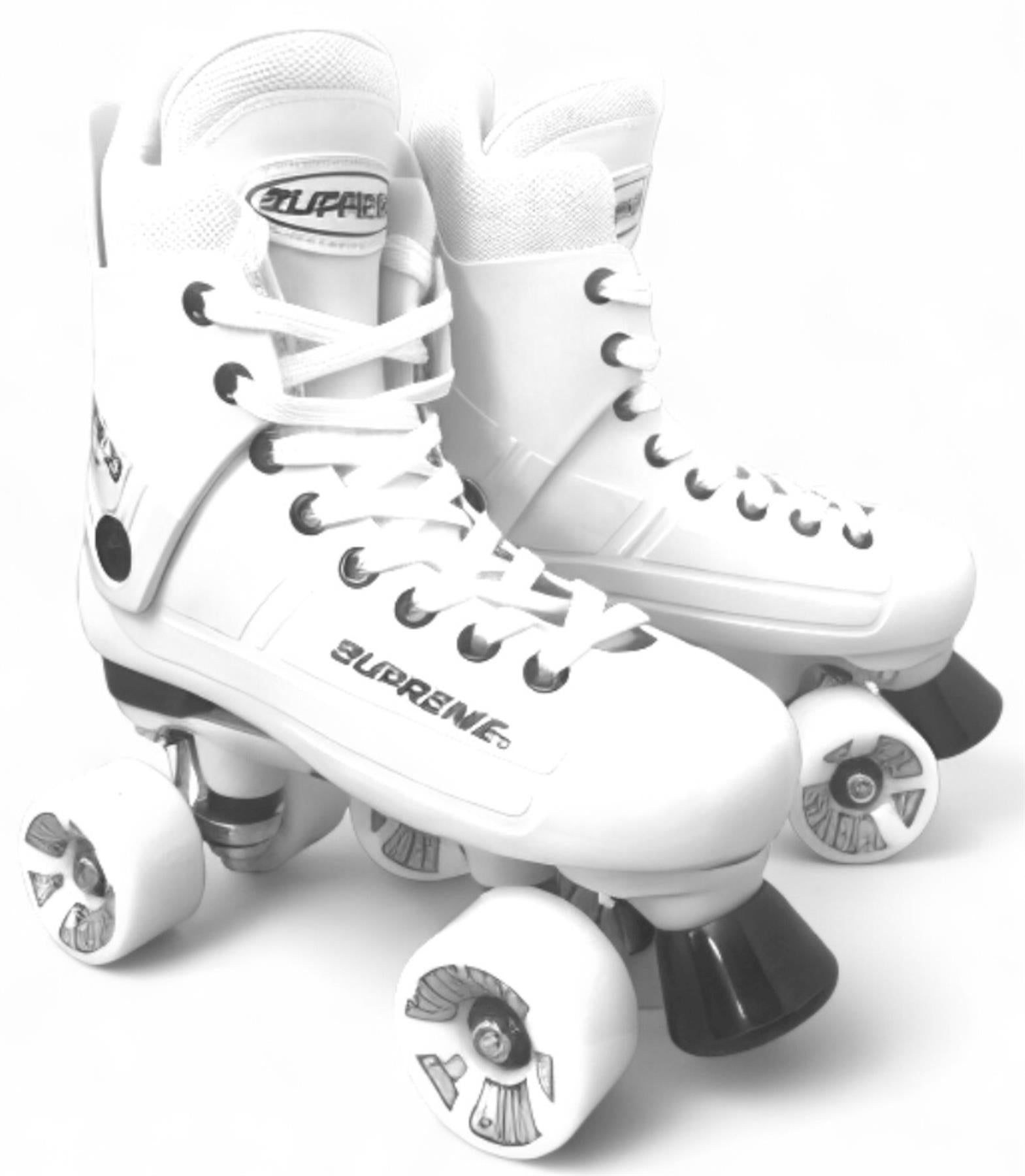The Supreme Turbo 33 Nylon Quad Roller Skates - White / White Wheels by Supreme, feature white nylon construction, matching wheels, and black details, displayed against a plain white background.