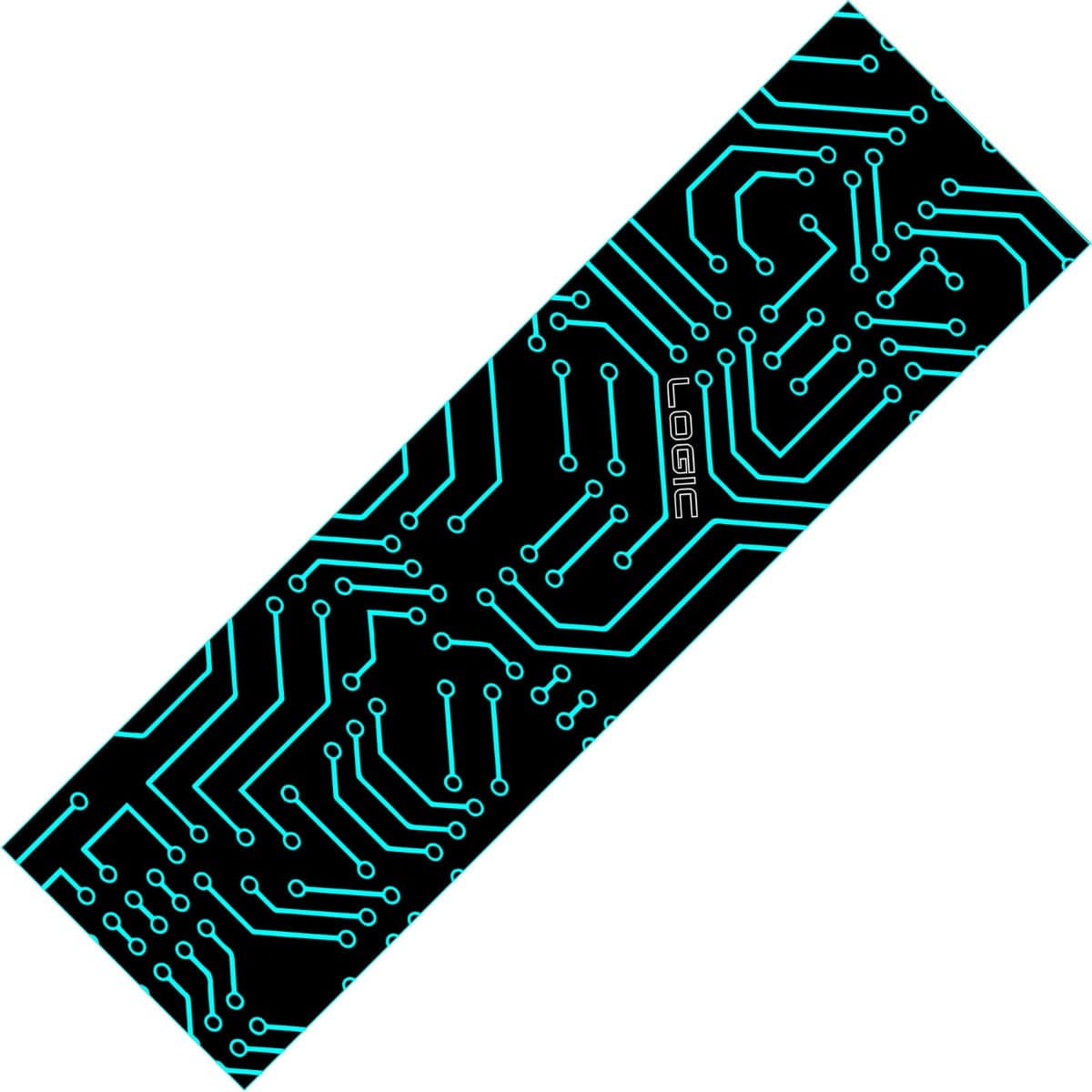 The Logic V2 Stunt Scooter Griptape - Circuit Breaker by Logic features a black rectangular design with a digitally printed cyan circuit board pattern. The detailed design boasts lines and nodes, with "LOGIC" prominently displayed in the center, and the ultra-grippy texture provides a striking contrast against the stark white background.