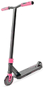 The Madd Gear (MGP) Viral Rave Complete Stunt Scooter - Melon features a black and pink design with a textured foot deck, two small wheels, and pink accents on the handlebars, fork, and wheels. It stands upright against a white background.