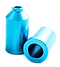 Two metallic, teal anodized cylindrical objects crafted from lightweight 6061 aluminum, with hollow centers. Labeled as Blunt Envy Aluminium Stunt Scooter Pegs, one cylinder stands upright while the other rests on its side. Both feature a conical top section leading to a smaller circular opening, ideal for stunt scooters.