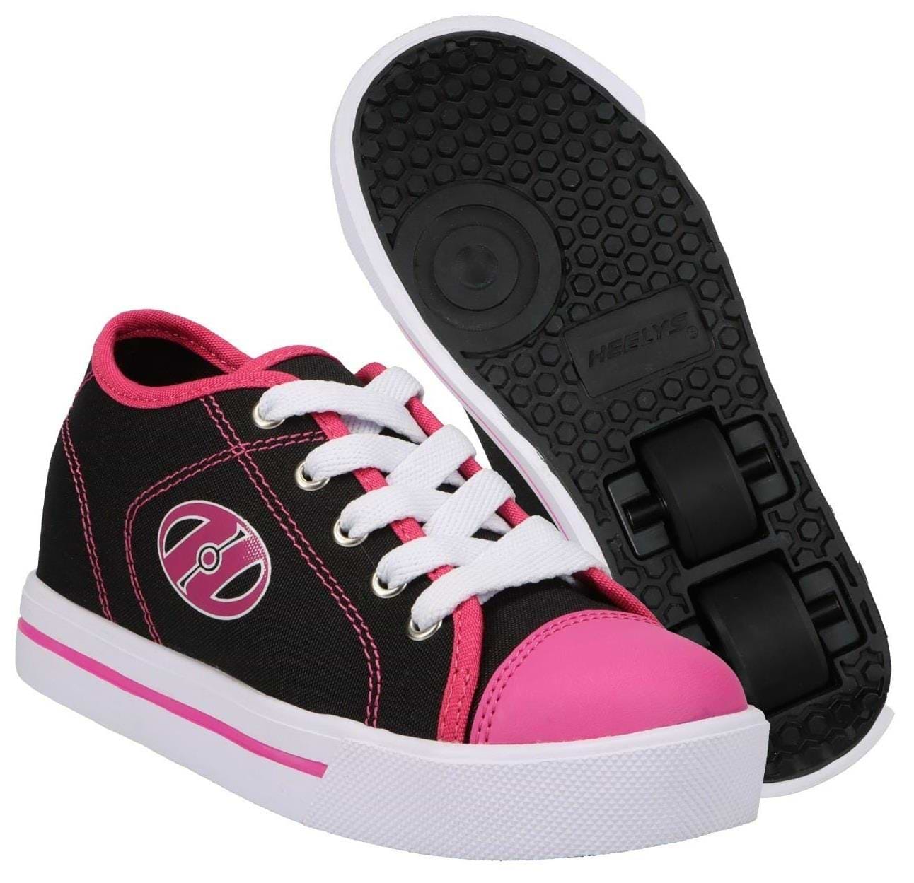 Heelys Classic X2 Girls Shoes in Black/White/Hot Pink by Heelys feature white laces and soles. One shoe is upright, the other flipped to reveal low-profile wheels with ABEC 3 bearings, blending style with fun roller shoe action.