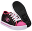 Heelys Classic X2 Girls Shoes in Black/White/Hot Pink by Heelys feature white laces and soles. One shoe is upright, the other flipped to reveal low-profile wheels with ABEC 3 bearings, blending style with fun roller shoe action.