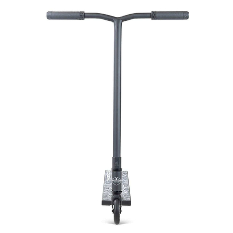 The Madd Gear MG 4 Titan Complete Stunt Scooter - Black by MGP is shown from the front, displaying its T-shaped handlebars, narrow deck, single front wheel, and high-speed ABEC-9 chrome bearings against a white background.