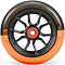 The Madd Gear MFX Syndicate AR120 Dual Urethane Stunt Scooter Wheel in black and orange features a spoked design and detailed rim text, making it ideal for MGP stunt scooters or compatible 120mm setups.