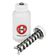 A white cylindrical container labeled with the product name "Bones Bearing Cleaning Unit," made from fluorinated high-density polyethylene, features a red cross logo associated with the Bones brand. Next to it is an opened lid and a metal rod specifically designed for the precise cleaning of skateboard bearings.