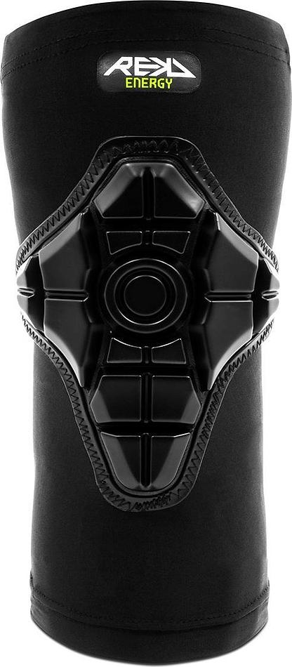 The REKD Energy Elbow Skate Protection Gaskets - Black feature a geometric black pad made with REKD Energy Foam and display "Real Energy" in white and green at the top.