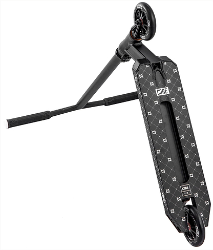 The CORE CG1 Complete Stunt Scooter by CORE features a black deck with patterns, pro-style handlebars, and small wheels—ideal for beginner skatepark tricks. Shown diagonally on a white background.