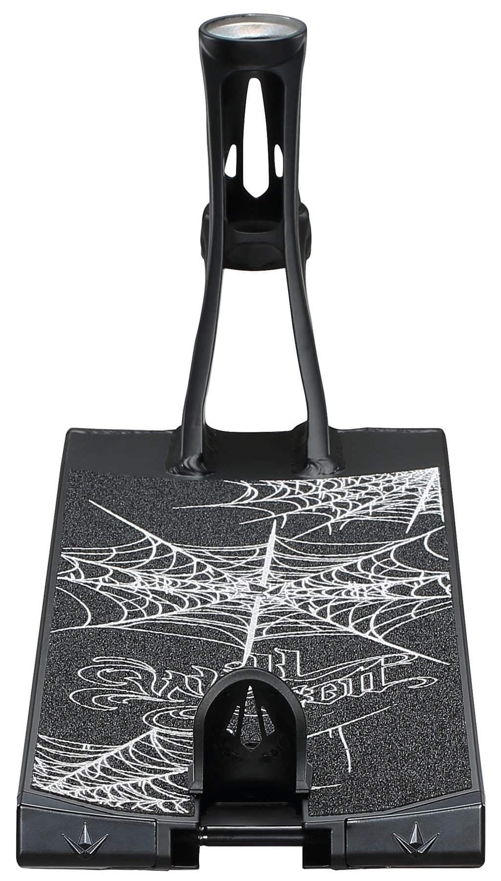 A close-up of the Blunt Envy AOS V6 Will Scott Signature Stunt Scooter Deck (6.5" x 23") shows black grip tape with white spiderweb designs and a handle attached at the front.
