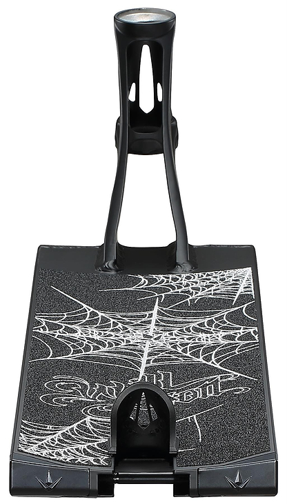A close-up of the Blunt Envy AOS V6 Will Scott Signature Stunt Scooter Deck (6.5" x 23") shows black grip tape with white spiderweb designs and a handle attached at the front.