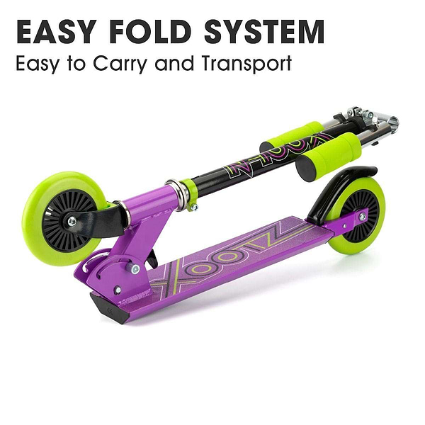 The Xootz Atom Foldable Kids Kick Scooter in purple features a lightweight frame, green wheels, adjustable handlebars, and an "Easy Fold System" for effortless carrying and transport.