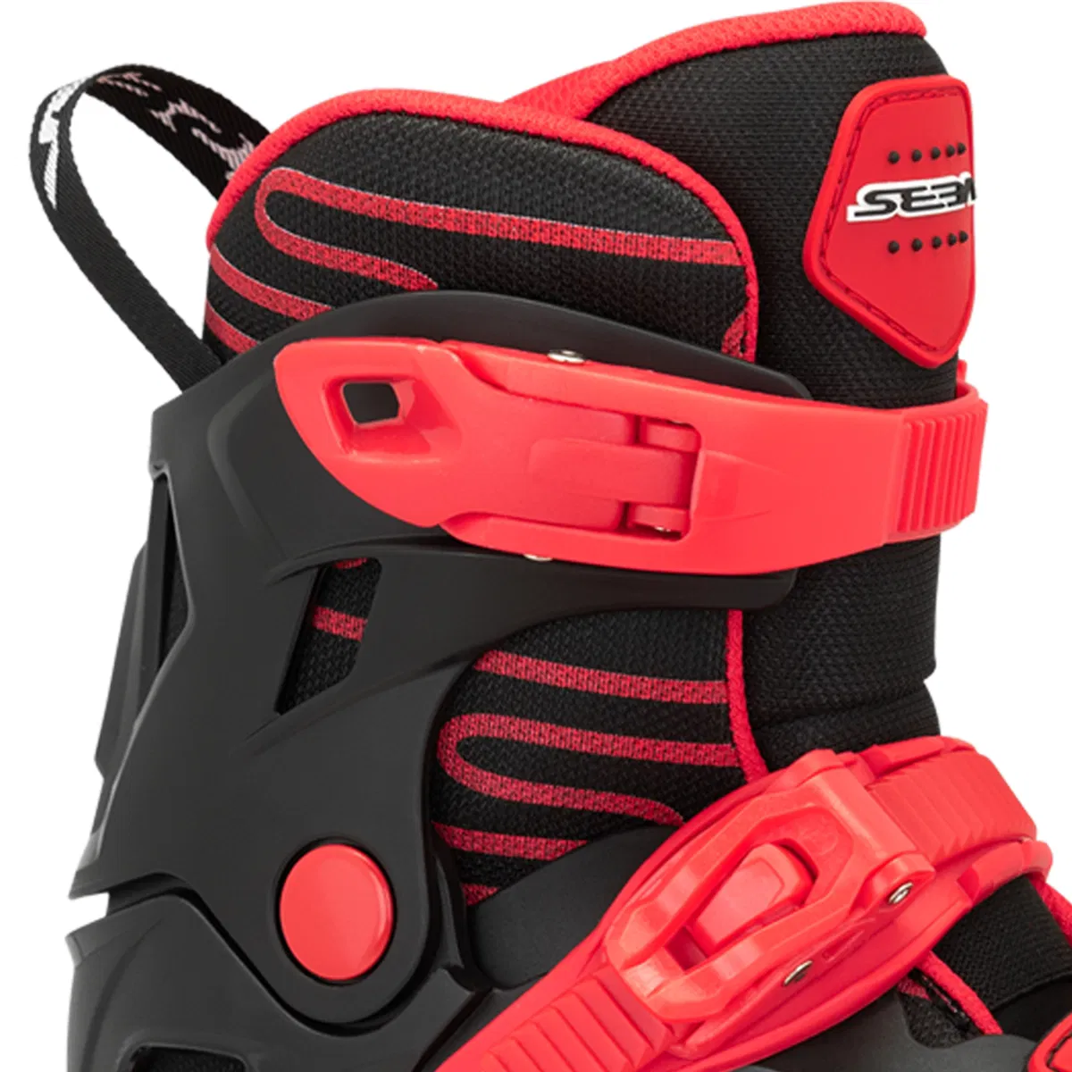 Close-up of the Seba STJ Junior Adjustable Inline Skates in black and red, featuring two red adjustable buckles, padded lining, sturdy plastic support, and "Seba" branding—ideal for beginner rollerbladers.