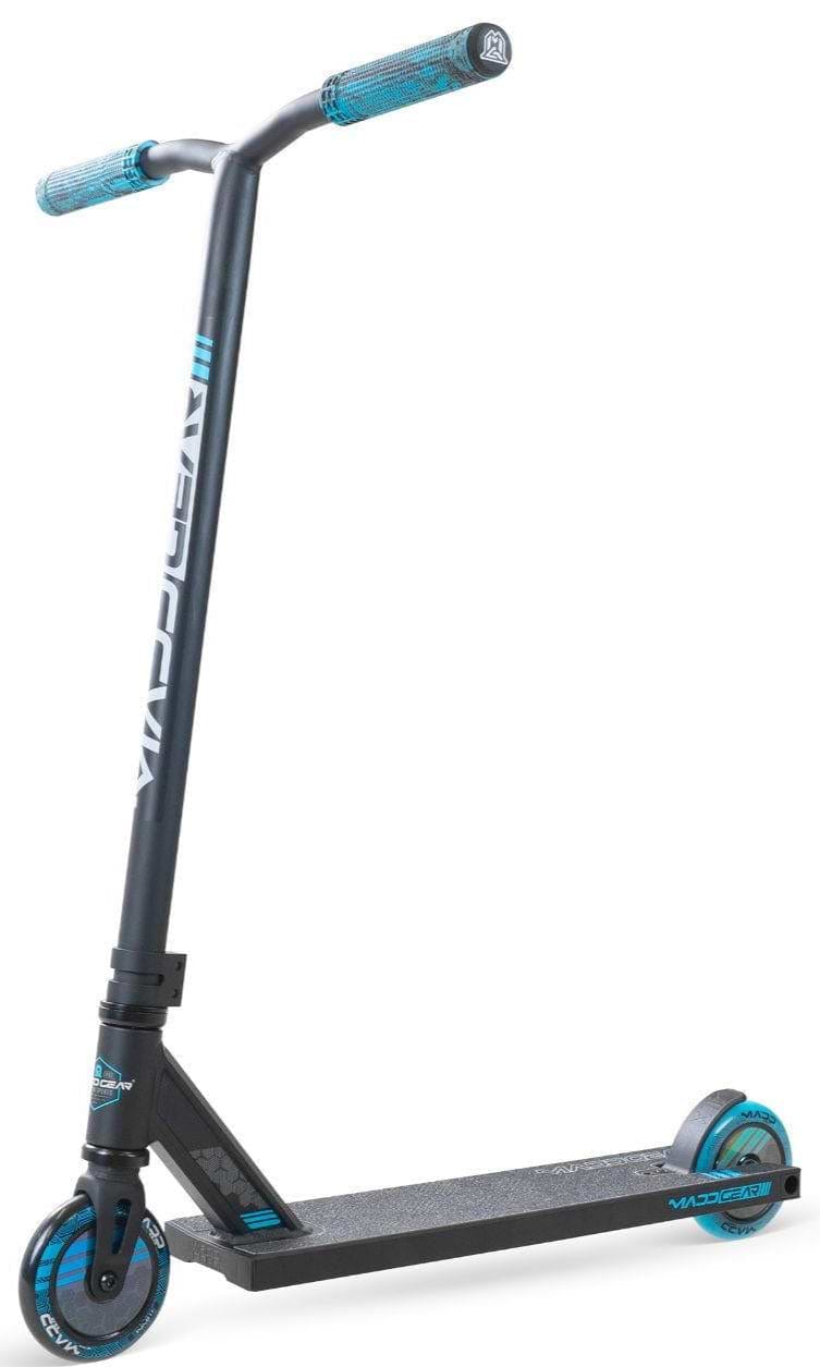 The Madd Gear (MGP) MG 3 Zen Complete Stunt Scooter in Black/Blue features a durable steel one-piece T-bar with blue grips, grip-taped black deck, and blue wheels, displayed upright on a white background.