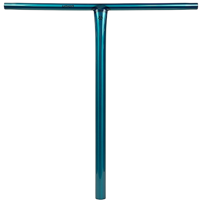 The Union Uniq T Steel Standard IHC Stunt Scooter Bar in Polished Teal (550mm x 520mm) by Union, made from durable chromoly steel with a straight horizontal grip and vertical stem, is shown against a white background.