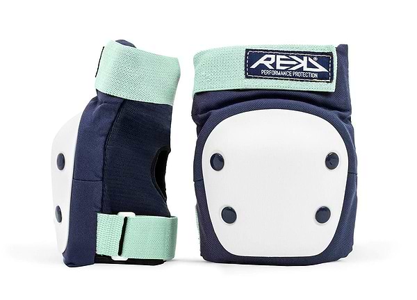 The REKD Heavy Duty Triple Skate Protection Pad Set in blue and mint features two protective knee pads with dark blue coloring, equipped with white hard caps and mint green straps for optimal knee protection. The "REKD" brand logo is prominently displayed on the top, while the pads are shown upright against a white background to highlight their strong design and functionality.