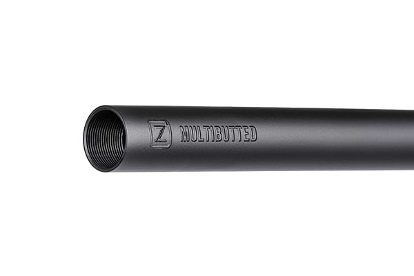 A close-up of the black Ethic DTC Deildegast V2 Steel Oversized HIC Stunt Scooter Bar (720mm x 600mm) shows internal threading and "Z MULTIBUTTED" engraved on the side, set against a white background.