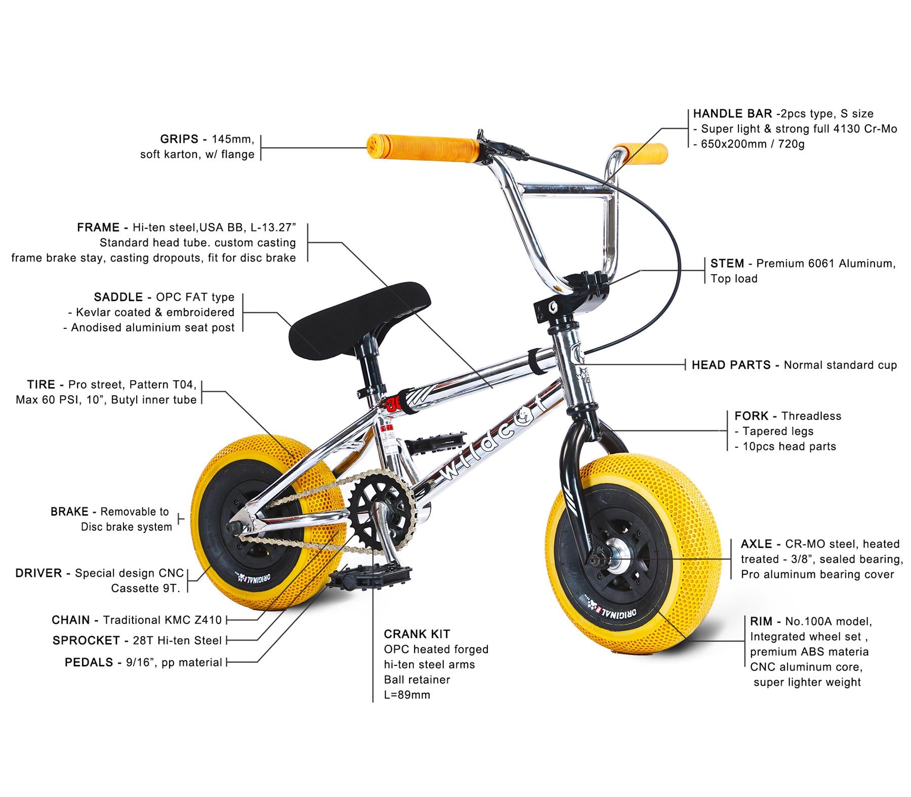 The Wildcat OG 3A Mini BMX Bike - Galaxy Gum by Wildcat features a chrome frame, yellow PRO Street 65PSI tyres and grips, CNC aluminium wheel rims, plus labeled parts: handlebars, stem, saddle, fork, crank, axle, sprocket, pedals, and driver.
