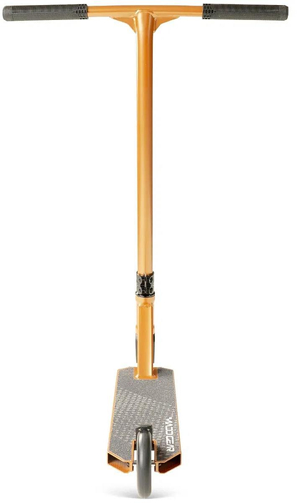 The Madd Gear Viral KAOS Complete Stunt Scooter in copper features black handlebars and a black, textured deck with "WIDER" in white letters. Shown from the front against a white background. Brand: Madd Gear (MGP).