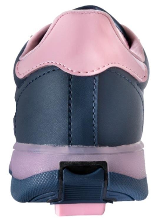 A close-up rear view of Breezy Rollers Blast Shoes - Purple shows the patented wheel system discreetly attached to the heel, turning these stylish sneakers into wheeled shoes perfect for indoor cycling or spinning.