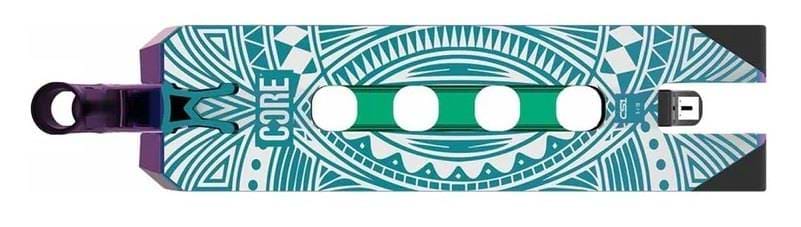 A park-oriented deck characterized by intricate geometric patterns in teal and white, complete with circular cutouts and the "CORE" branding on the left side. This CORE CL1 Neochrome Stunt Scooter Deck—measuring 5" x 19"—features a visible nose on the left, providing a comfortable feel for every trick.