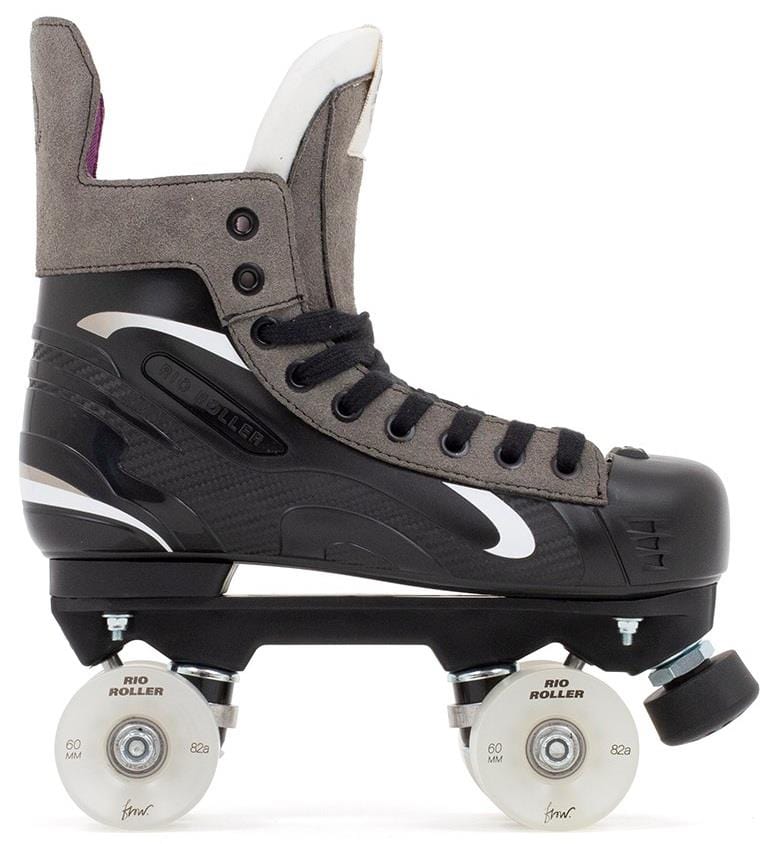 A side view highlights the Rio Roller Flow Hockey Quad Roller Skates in black and gray with white accents, featuring "RIO ROLLER" labeled Flow wheels, black laces, a black toe stop, and a high ankle boot design for stylish performance.