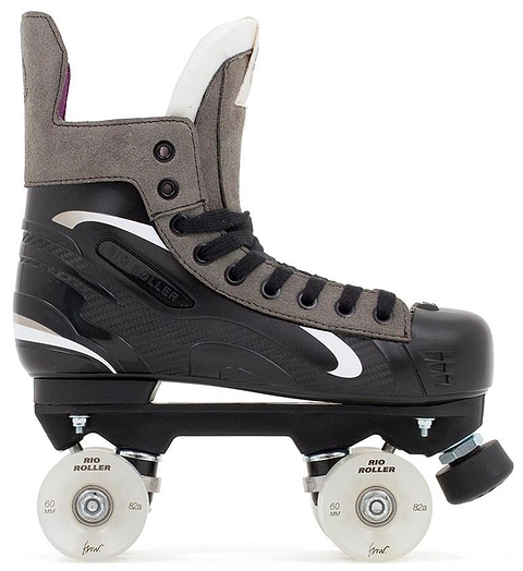A side view highlights the Rio Roller Flow Hockey Quad Roller Skates in black and gray with white accents, featuring "RIO ROLLER" labeled Flow wheels, black laces, a black toe stop, and a high ankle boot design for stylish performance.