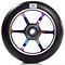 The Logic 6 Spoke 110mm Metal Core Wheel from Logic, in a black and neochrome finish, features a close-up shot of its rainbow-colored 6061-T6 aluminum core with six spokes. The core encases an ABEC 9 bearing and displays a small logo on the top of the wheel.