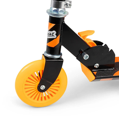 Close-up of the Ozbozz Nebulus Foldable Kids Kick Scooter in Neon Orange, featuring a bright yellow wheel, part of the deck, folding mechanism, and an adjustable handlebar.