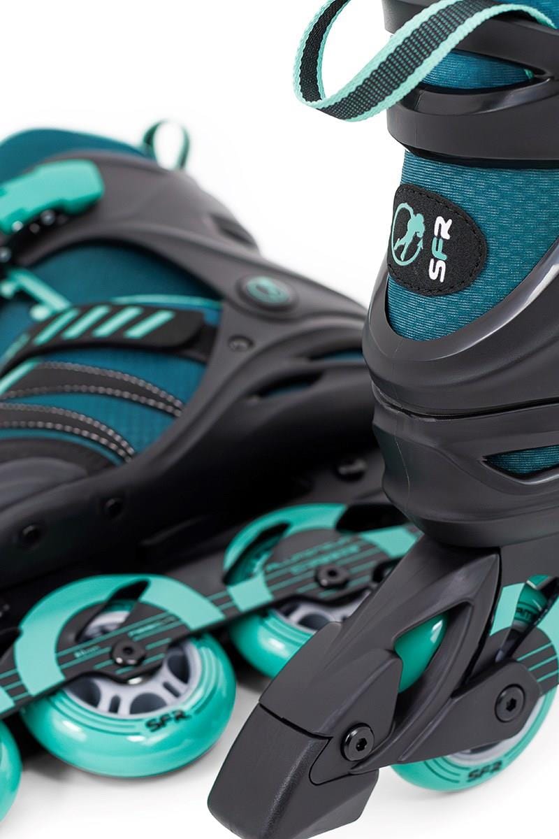 Close-up of the SFR Venture Pro Inline Skates - Teal, featuring turquoise urethane wheels, ABEC-7 bearings, intricate black detailing, and showcasing the SFR logo.