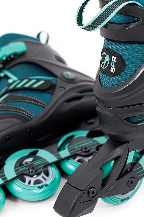 Close-up of the SFR Venture Pro Inline Skates - Teal, featuring turquoise urethane wheels, ABEC-7 bearings, intricate black detailing, and showcasing the SFR logo.