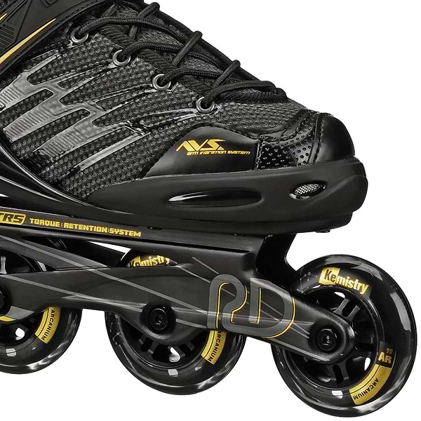Close-up of the Roller Derby Aerio V2 Q-60 Men's Inline Skates in Black/Gold, showing detailed stitching, mesh panels, "RD" accents on the frame, and four 80mm Elite speed wheels labeled "Kemistry.