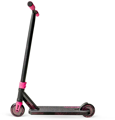 The Madd Gear Viral Rave Complete Stunt Scooter - Melon features vibrant pink wheels, grips, and clamp on a black deck with textured surface and subtle pink designs. This MGP scooter stands upright, ready for your next trick.