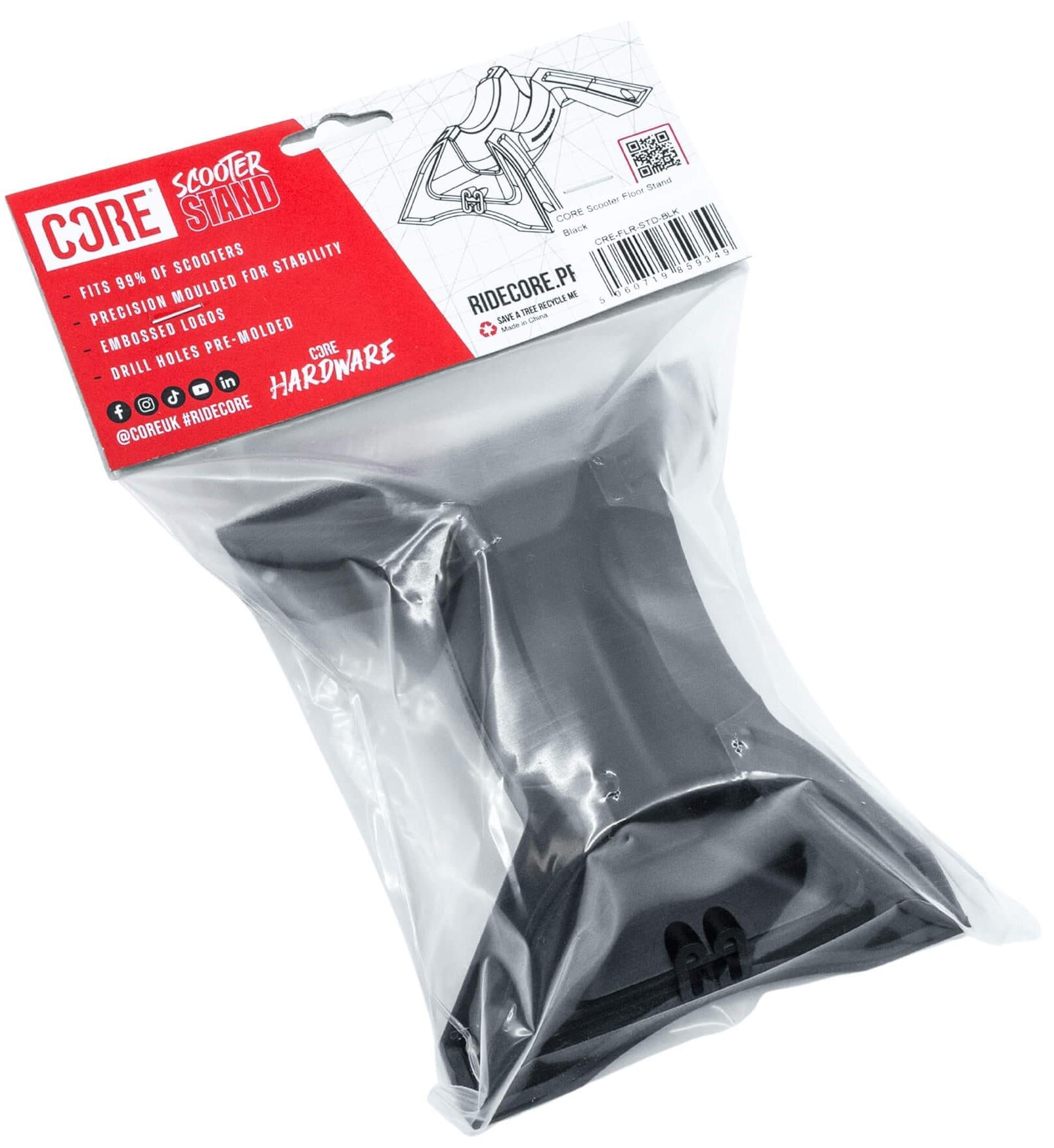 The CORE Claw Scooter Floor Stand - Black by CORE comes in a clear plastic bag with a red and white header label showing product details and a barcode. It fits 95% of scooters.