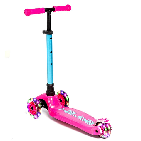 The I-Glide 3-Wheel LED Kids Scooter - Pink/Aqua by I-Glide features a robust, adjustable-height handlebar, a vibrant pink deck with an "A-slide" logo, and exciting light-up multicolored wheels. This scooter's design makes it perfect for adventurous young riders.