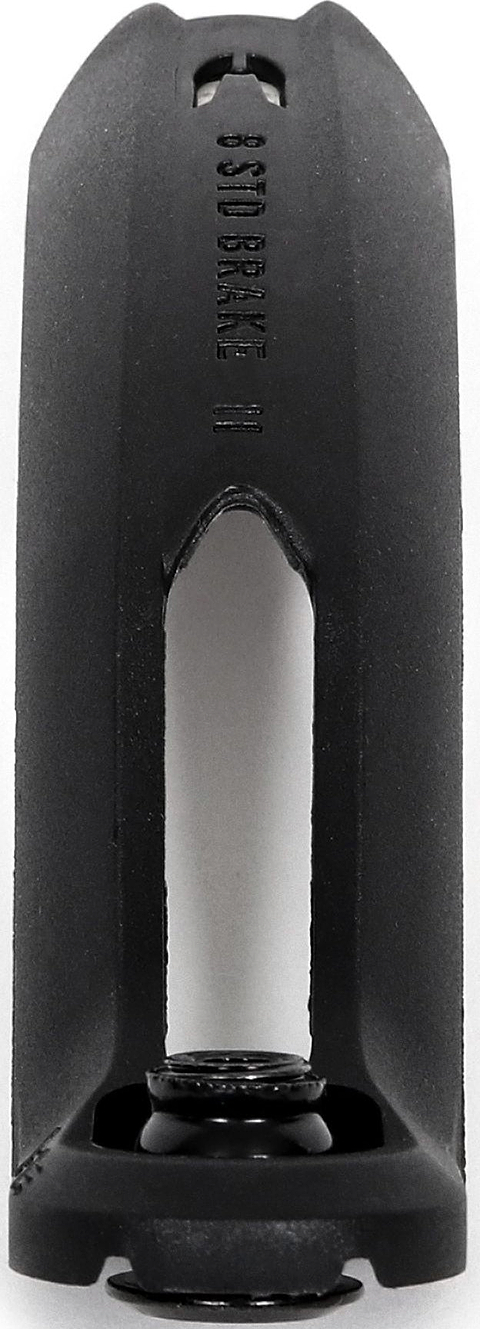 A black Ethic DTC Nylon V2 8 STD stunt scooter brake, featuring an elongated, hollow design with a central slit and visible screw at the bottom, is shown from the front.