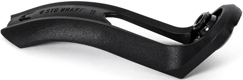 Black Ethic DTC Nylon V2 8 STD stunt scooter brake with a curved design and circular mounting area, shown from the side against a white background. Manufactured by Ethic, this replacement component offers reliable stopping power for various applications and is ideal for stunt scooter brake setups.