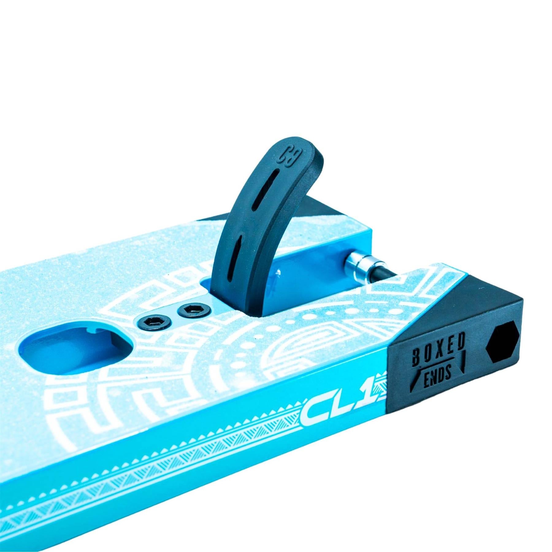 Close-up of a teal CORE CL1 "Turtlesent" Stunt Scooter Deck by CORE, 5" x 19", with a black brake, white patterns, "CL1" text, and "Boxed Ends" label—ideal for park riders wanting style and performance.