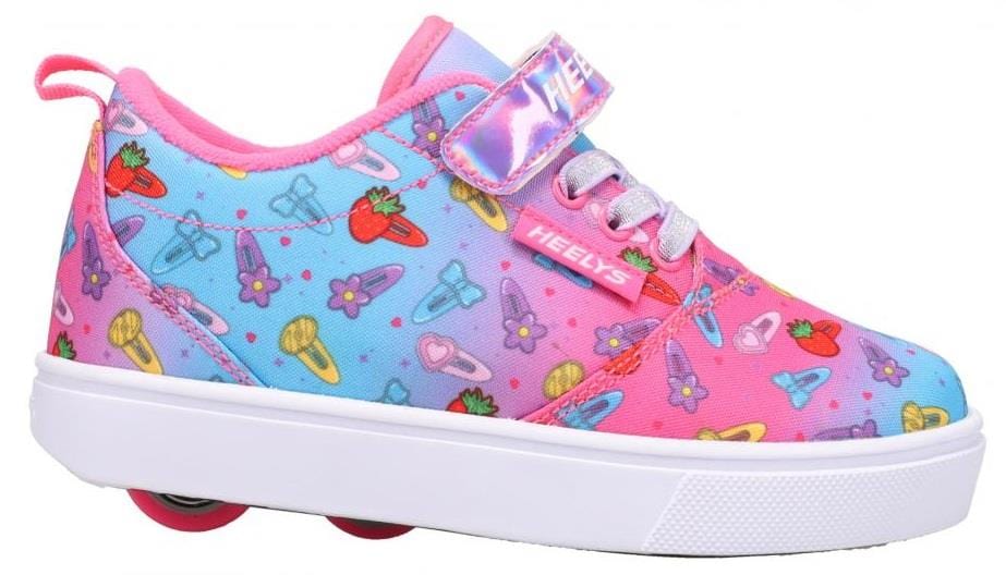 The Heelys Pro 20 X2 Girls Shoes in pink/cyan feature a nylon upper with heart, key, and bow graphics, white laces, a pink Velcro strap, white sole with wheels, and smooth ABEC 5 bearings. Brand: Heelys.